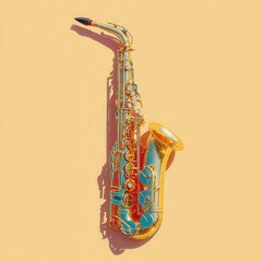 Gold and teal saxophone on a pale orange background. High angle, studio shot.
