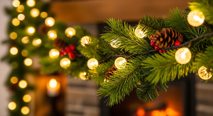 Close-up of a festive Christmas garland adorned with glowing lights, pinecones, and red berries, draped over a fireplace mantel with a warm, blurred background.