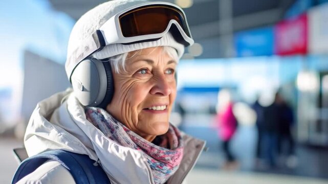 Happy Senior Woman in Ski Gear Smiling with Ready for Winter Adventure at Airport.