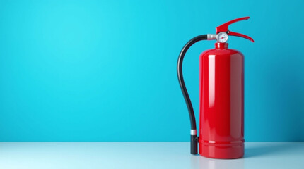 Obraz premium Red Fire Extinguisher on a Desk with a Blue Background, Safety and Emergency Equipment