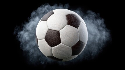 Fototapeta premium Dynamic soccer ball in motion with smoke effects on a dark background, capturing the essence of energy in sports and athleticism in action shots.