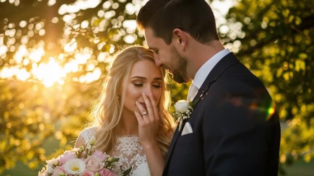 A bride and groom embrace outdoors, bathed in golden sunlight, tears welling in the bride's eyes