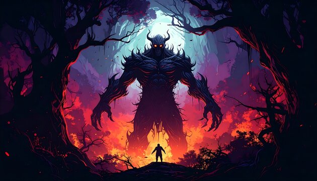 Dark monster in fiery forest confronts lone figure