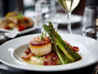 Scrumptious pan-seared scallops with crispy bacon and fresh asparagus atop creamy mashed potatoes, elegantly served for a gourmet dining experience