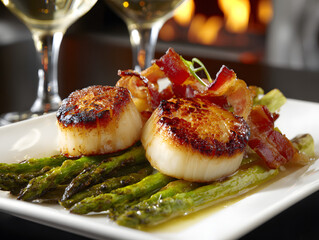 Gourmet Scallops With Green Asparagus and Crispy Bacon Served on White Plate