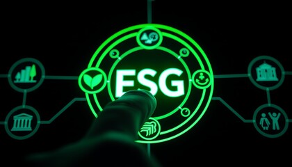 Finger touching central ESG icon with surrounding environmental social and governance symbols sustainability