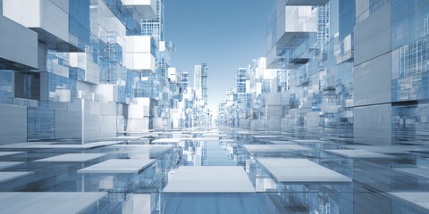 Futuristic city of interconnected, light-blue, cubic structures