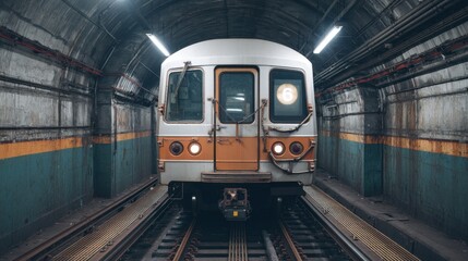 Fototapeta premium Vintage subway train in an underground tunnel with industrial walls and dim lighting, capturing the essence of urban transit systems in the city