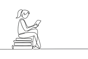 Simple line drawing of a girl reading a tablet while sitting on books