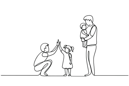 Father and children celebrating with high fives and a baby