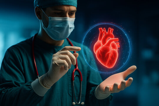 AI generated futuristic medical scene of surgeon analyzing glowing red hologram heart symbolizing advanced healthcare innovation and digital technology in modern clinical setting