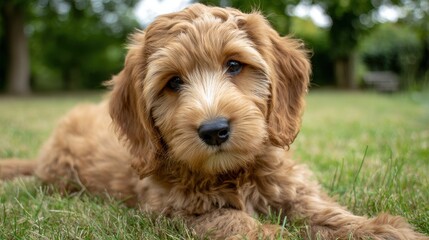 Fototapeta premium Labradoodle Puppy on Grass. Adorable Canine from Labrador Breed
