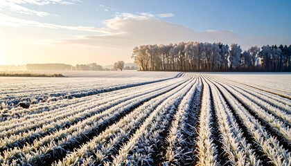 A serene winter landscape reveals frost-covered farmlands stretching to a line of trees, bathed in the soft morning light.