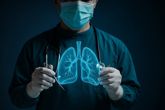 AI generated ultra realistic surgeon with mask and gloves using digital tools with glowing lung hologram symbolizing futuristic healthcare precision surgery and medical innovation