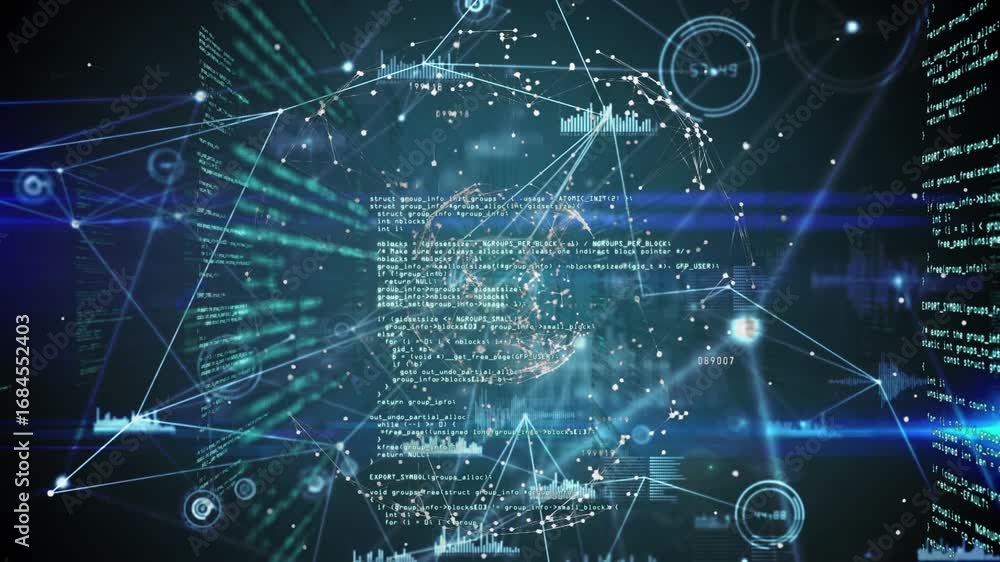 Aufkleber animation of data processing over network of connections on black background