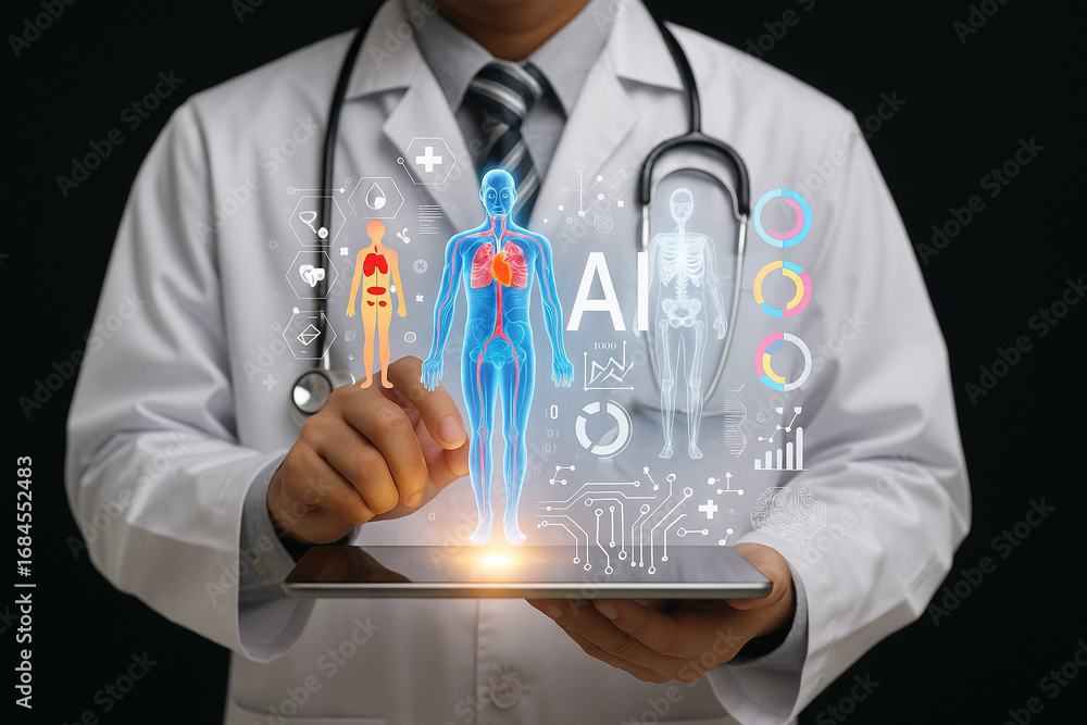 Poster ai generated futuristic scene of doctor in lab coat using tablet projecting holographic human body w