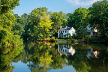 Obraz premium Lakefront House on Lake Audubon: Reflection of Summer Green Foliage on Waterfront Landscape