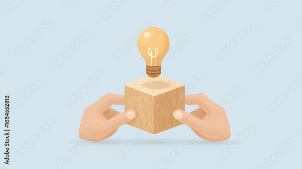 Poster hands holding a wooden block with a light bulb hovering above in a minimalist style on a soft blue b