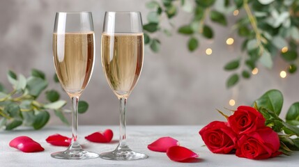 Two glasses of champagne and red roses creating a romantic atmosphere for Valentine's Day