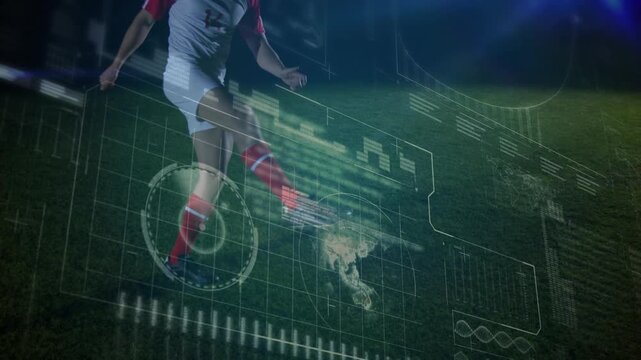 Animation of data processing over caucasian football player on football pitch