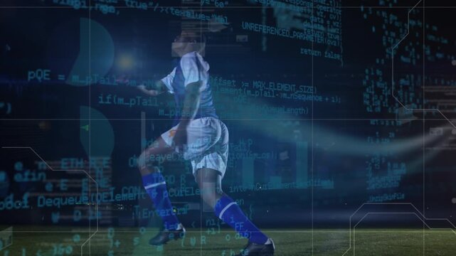 Animation of data processing over african american football player on football pitch