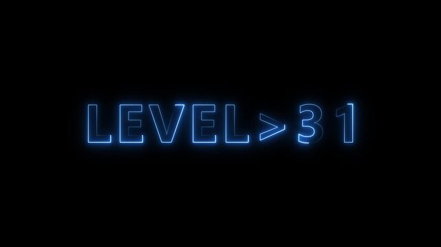 Level 31 neon bright text font colorful 4k video . Blue color Neon level up sign and upper Level . next Level text animation. next level neon title Laser vintage effect 4k motion video.