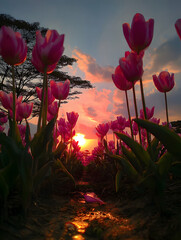 Pink Tulips Field Glowing at Sunset With Warm Light and Colorful Sky