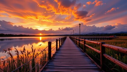 Fototapeta premium Lakeside wooden pier at golden hour, reflection of fiery sky painted across water