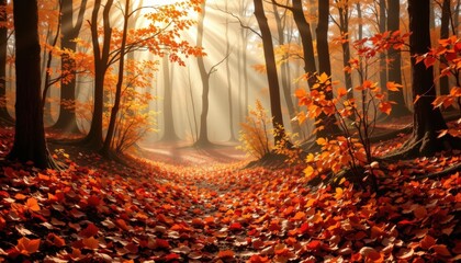 Forest retreat path covered in thick carpet of crimson and amber leaves