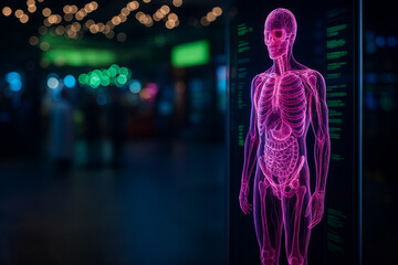 Naklejka premium AI generated futuristic medical hologram showing transparent human body glowing in pink and purple tones revealing skeleton muscles and organs symbolizing digital healthcare innovation