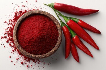 Red chili powder in a wooden bowl, surrounded by whole chili peppers