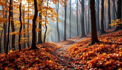 Fototapeta premium Forest retreat path covered in thick carpet of crimson and amber leaves