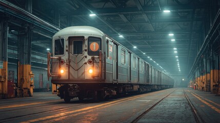 Fototapeta premium Vintage subway train in a dimly lit underground station with industrial atmosphere and long shadows on the tracks and walls creating a nostalgic ambiance