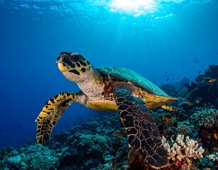 Fototapeta premium Majestic sea turtle glides over vibrant coral reef