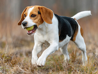 Active Beagle Dog Playing Fetch Outdoors With a Tennis Ball in Autumn