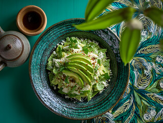 Green Avocado Salad in Rustic Bowl with Teapot on Teal Table