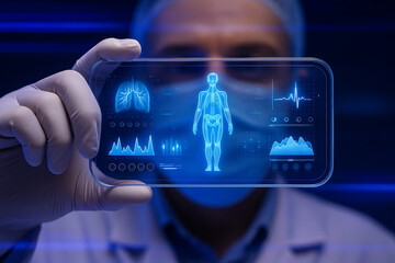 AI generated futuristic healthcare illustration showing doctor holding transparent device with 3D human hologram medical data analysis in glowing blue tone symbolizing precision medicine