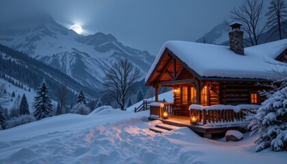 Snow covered mountain retreat cabin glowing with amber lanterns, frost covering wooden railings