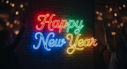 Neon sign with happy new year message on a brick wall.