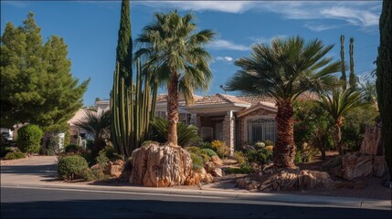 Las Vegas Houses. Southwest Style Homes with Palm Trees, Cactus, and Rock Garden