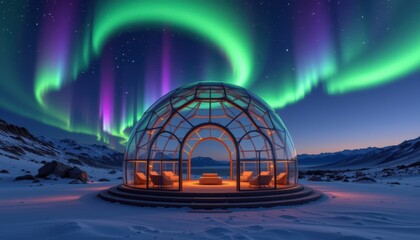 Glass dome meditation hall under aurora night, green and violet lights cascading across sky