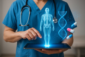 AI generated ultra realistic medical professional using tablet with glowing human body hologram dna helix and capsules symbolizing futuristic healthcare biotechnology and innovation