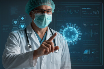 AI generated ultra realistic doctor in mask interacting with glowing virus hologram medical data and digital interface symbolizing futuristic healthcare research and disease analysis