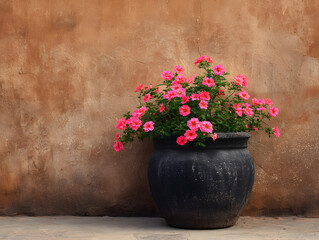 Pink Flower Bush Blooming in Rustic Black Pot Against Textured Wall