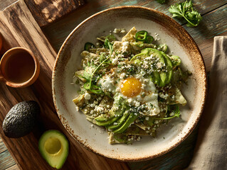 Chilaquiles Plate with Fried Egg, Avocado, and Cheese on Wooden Table