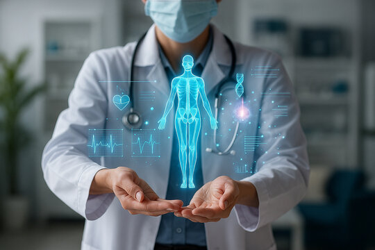 AI generated futuristic medical scene showing doctor holding glowing holographic human body with data graphics symbolizing innovation healthcare and advanced digital science