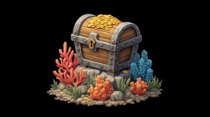 Underwater Treasure Chest Surrounded by Colorful Coral and Glittering Gold Coins in a Vibrant Marine Environment