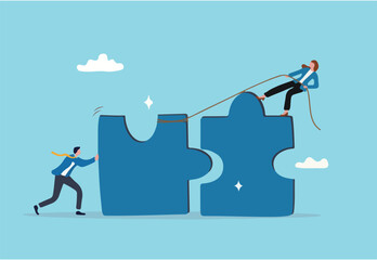 Jigsaw puzzle connection, teamwork partnership to help solve problem or challenge, cooperation or brainstorm to fit and match jigsaw pieces concept, businessman and woman help connect jigsaw puzzle