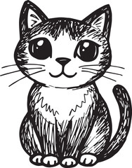 Cat Doodle Black and White Illustration Vector Image Cute Kitten Sketch Line Art Drawing Silhouette