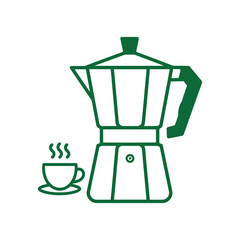Moka pot coffee maker and steaming cup green line icon.